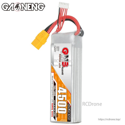 GNB 4500mAh LiHV battery upright side view showing label strip, balance lead, and yellow connector