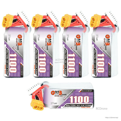 Group photo with four upright GNB 1100mAh packs and one horizontal pack, XT60 leads shown