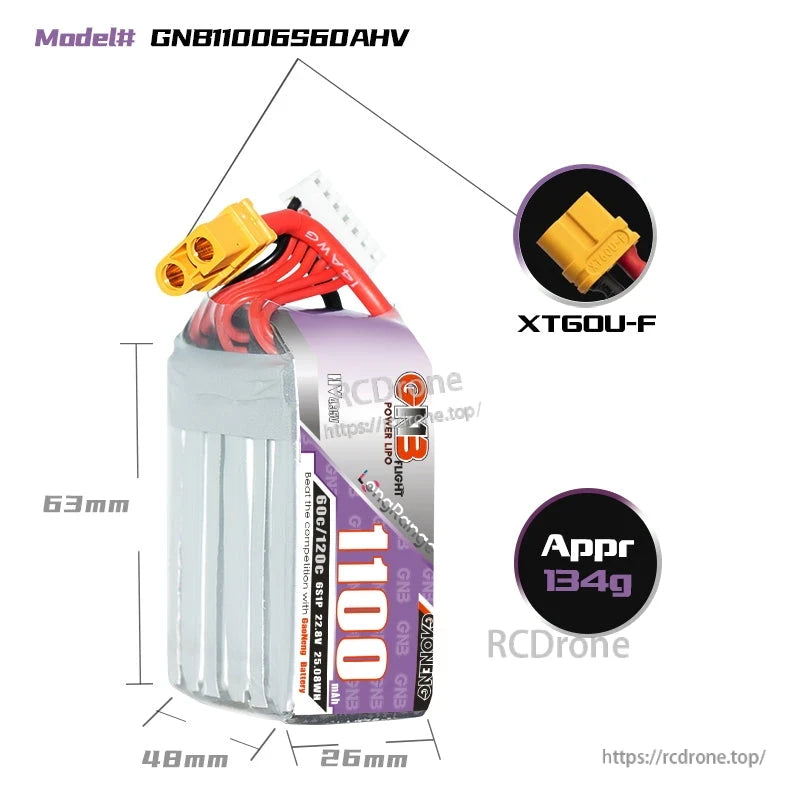 GNB11006S60AHV battery size chart showing 63×48×26mm, XT60U-F connector and approx 134g
