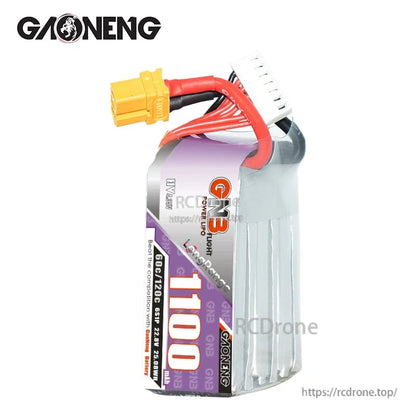 Side profile of GNB 1100mAh 6S LiHV pack showing cell stack and top-mounted XT60 lead
