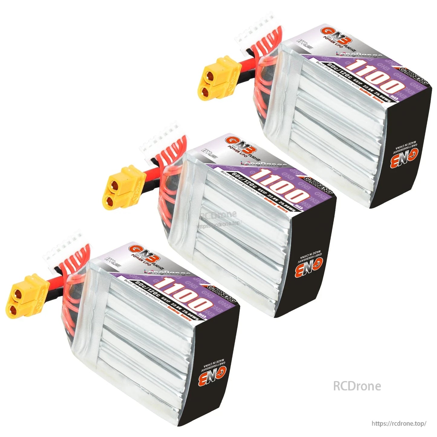 Three-pack display of GNB 1100mAh LiHV batteries with XT60 connectors