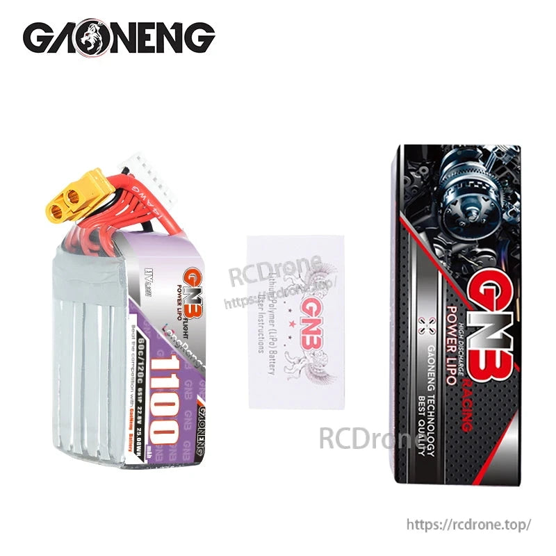 Package contents: GNB 1100mAh battery, instruction card, and retail box