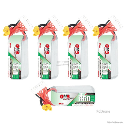 Bundle layout with five GNB 350mAh HV batteries shown in mixed orientations, XT30 and balance plugs visible