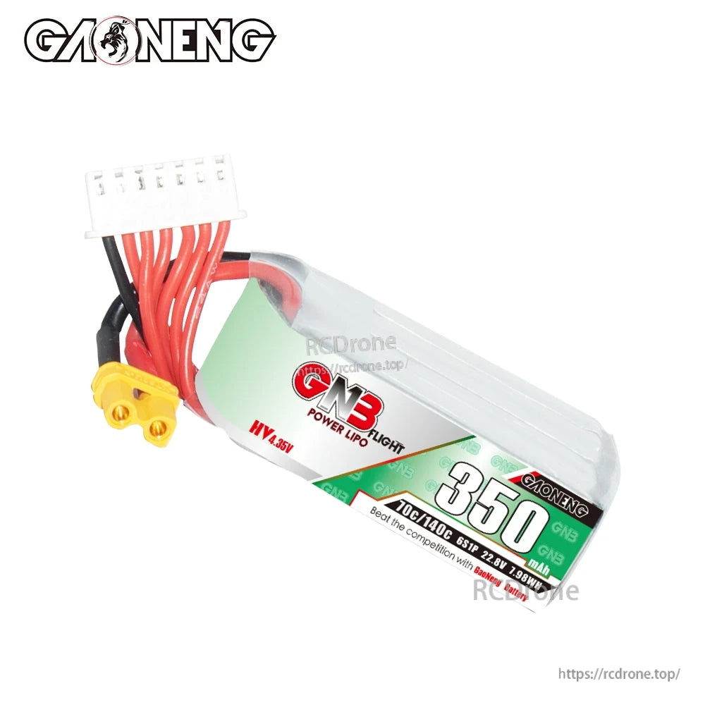 GAONENG GNB 350mAh HV4.35V battery on white background, connector and balance lead visible