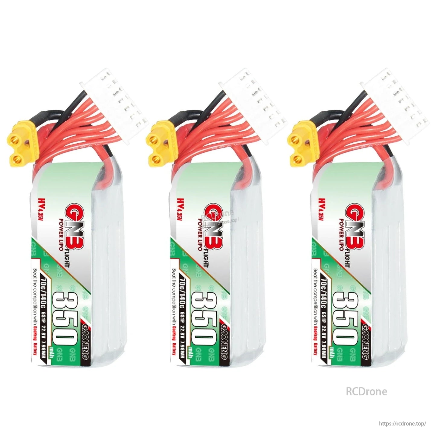 Three-pack display of GNB 350mAh HV battery with XT30 connectors and balance leads, front label view
