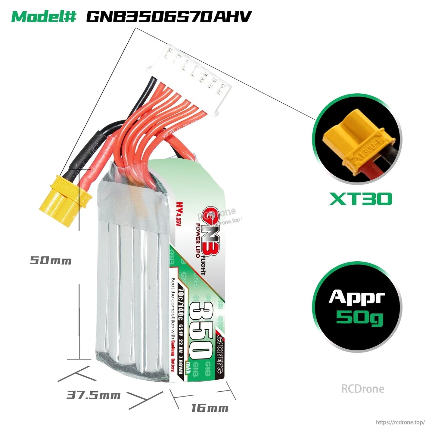 GNB3506S70AHV battery dimension diagram (50 x 37.5 x 16mm), XT30 connector close-up, approx 50g weight