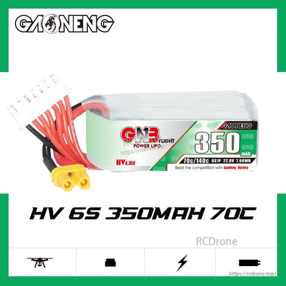 GAONENG GNB HV 6S 350mAh 70C battery promo graphic with product photo and "HV 6S 350mAh 70C" text