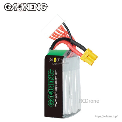 Side view showing GAONENG branding and website on battery wrap, with XT30 lead and balance plug on top
