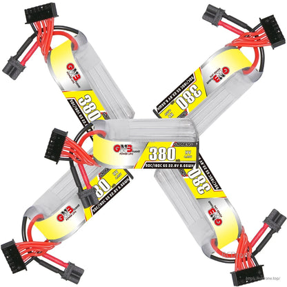 Four batteries arranged in X shape, showing labels, XT30 connectors, and balance plug wiring