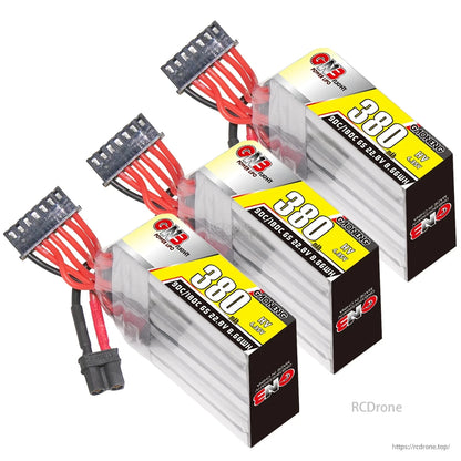 Three-pack display of GNB 380mAh 6S LiHV batteries with XT30 leads and balance plugs