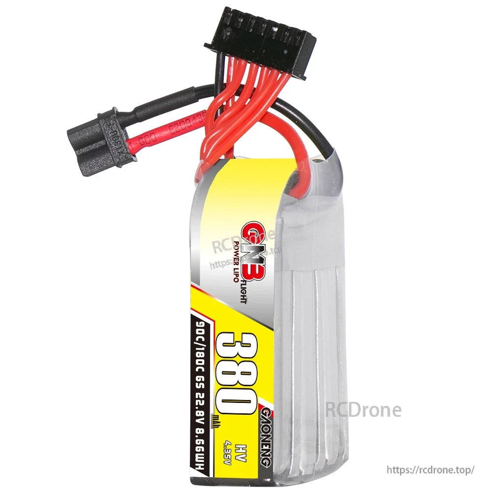 Side view of GNB 380mAh LiHV battery showing wire exit and printed label panel
