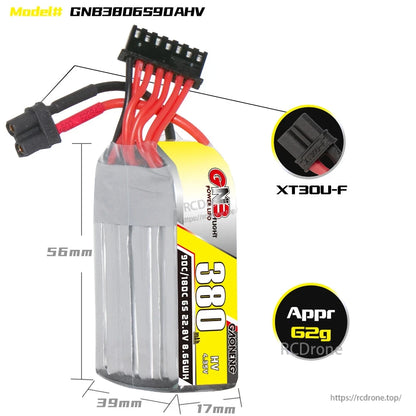 Battery size diagram showing approx 56×39×17mm with XT30U-F connector callout
