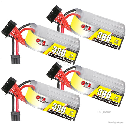 Four GNB 380mAh 6S LiHV batteries shown together with labels and connector leads visible