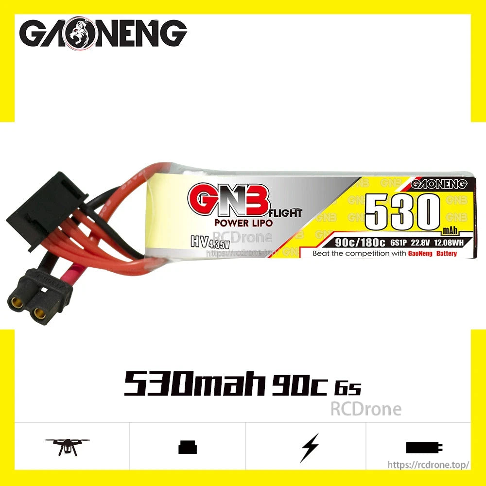 GAONENG GNB LiHV 6S 530mAh 90C battery product banner with quadcopter icons