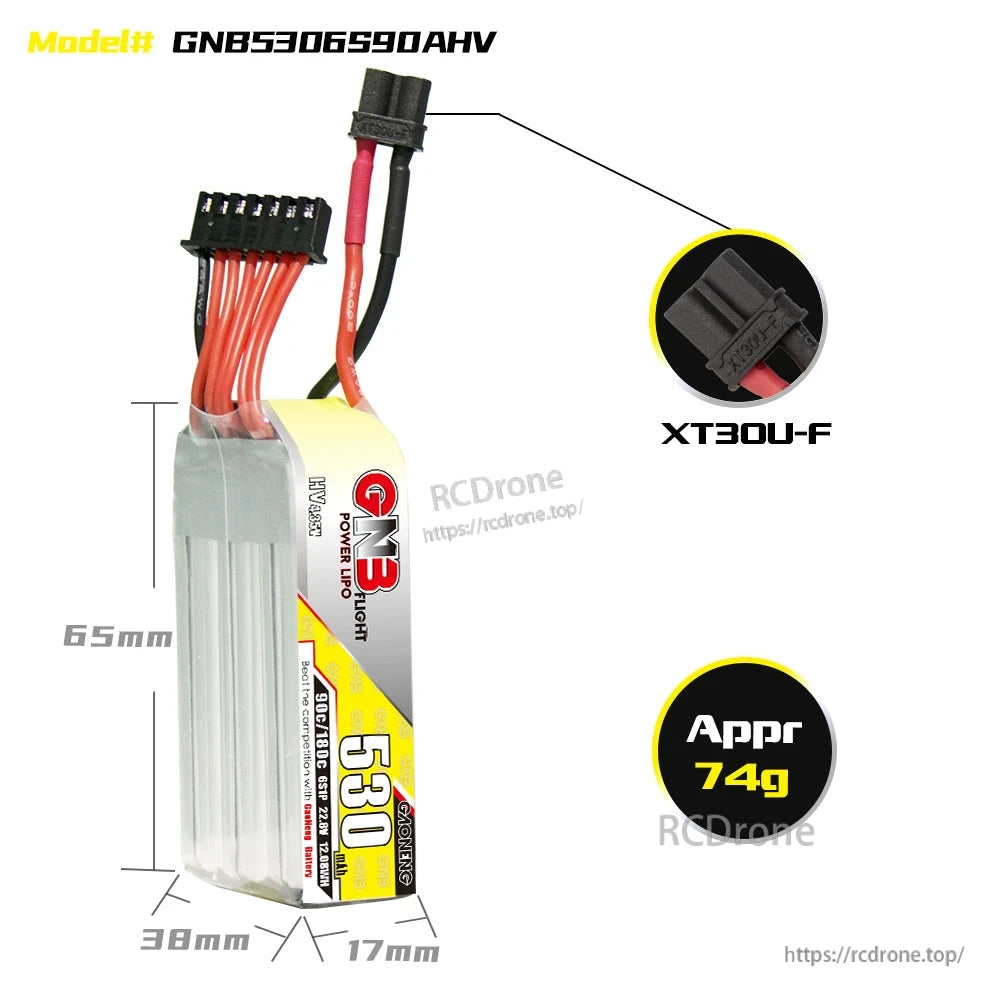 GNB530 6S LiHV battery dimensions graphic (65×38×17mm) with XT30U-F connector close-up