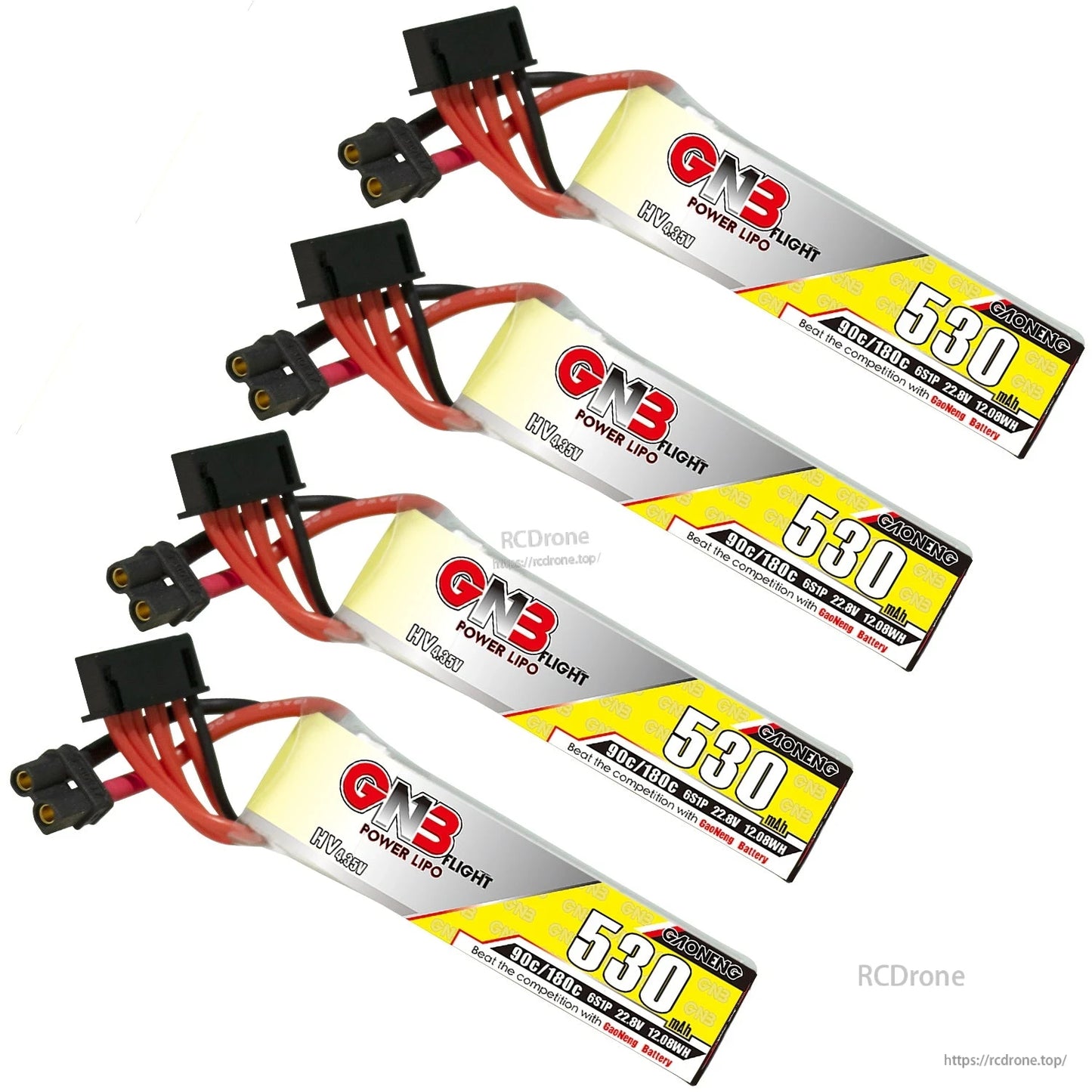 Four GNB 530mAh 6S LiHV long batteries shown in angled stack with connectors