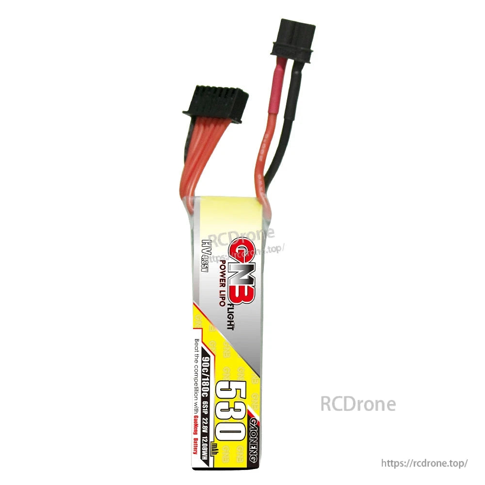 Side view of GNB 530mAh 6S LiHV long pack with balance lead and XT30 power lead