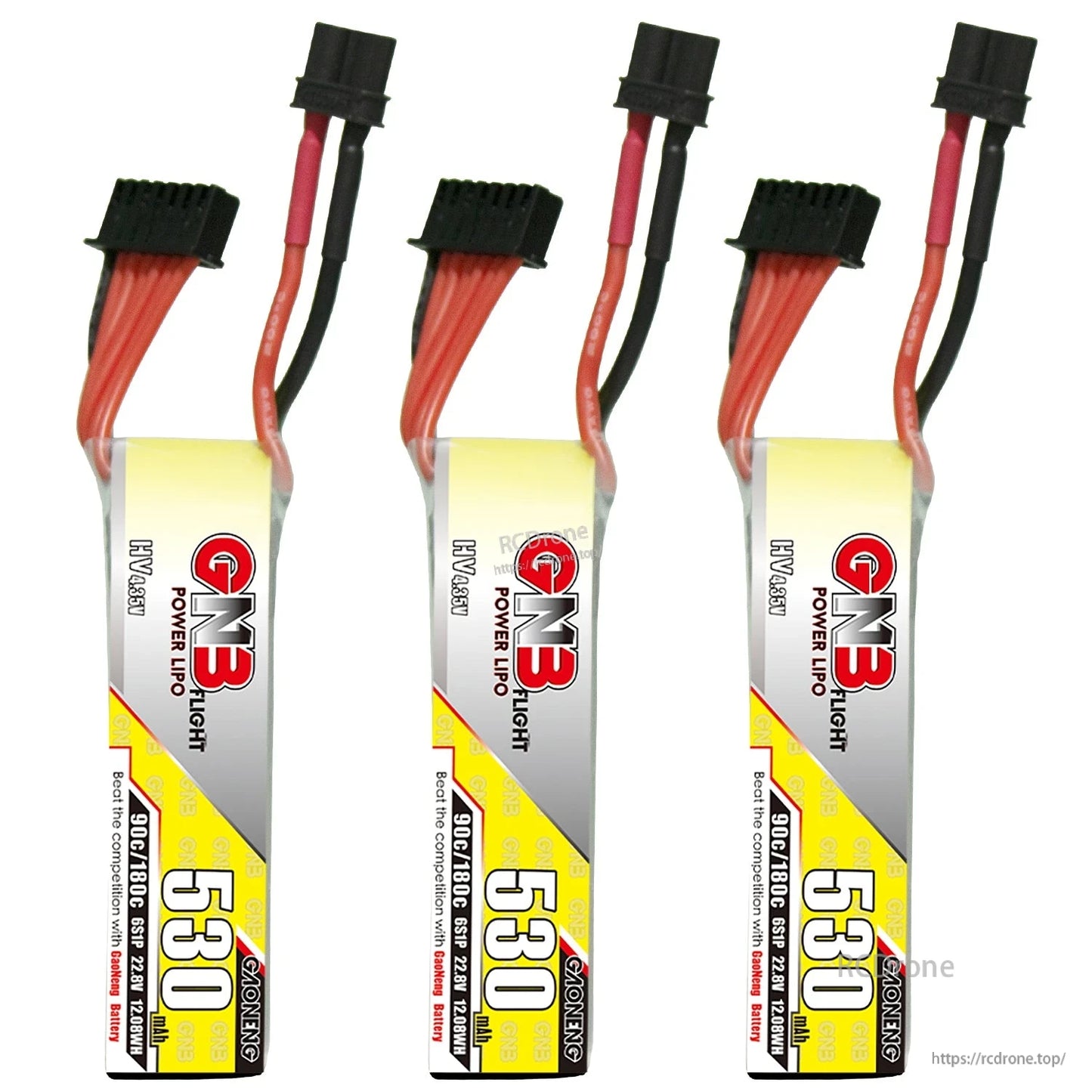 Three-pack lineup of GNB 530mAh 6S LiHV long batteries with XT30 and balance leads