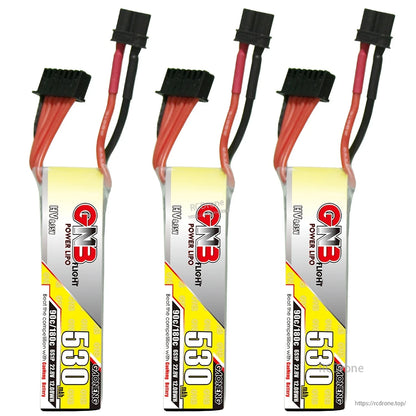 Three-pack lineup of GNB 530mAh 6S LiHV long batteries with XT30 and balance leads