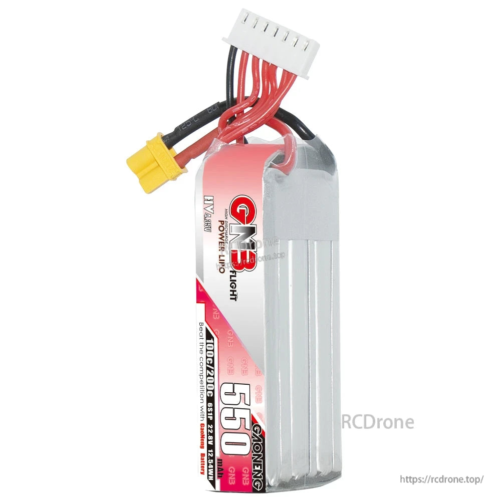 Upright front view of long-type GNB 550mAh LiHV battery showing wrap and wire exit
