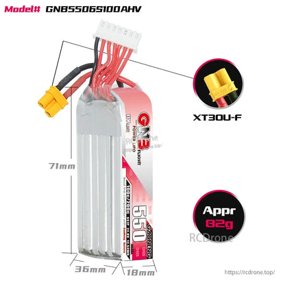Battery dimensions diagram (71×36×18mm) with XT30U-F connector close-up and approx 82g weight