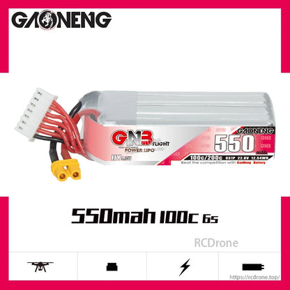 GNB 550mAh 100C 6S LiHV battery product graphic, side view with label text
