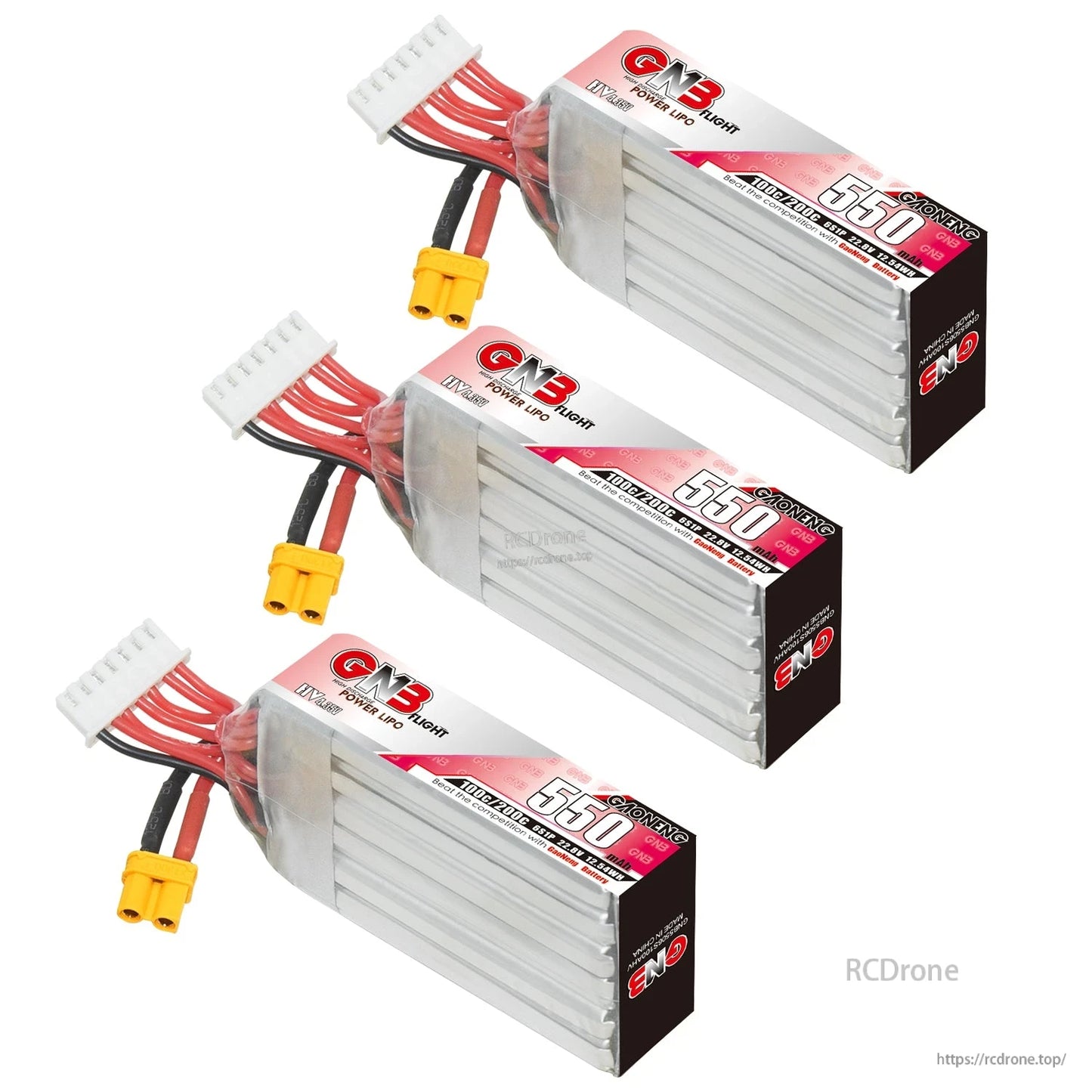 Three long-type 550mAh LiHV batteries displayed in angled stack with XT30 connectors visible