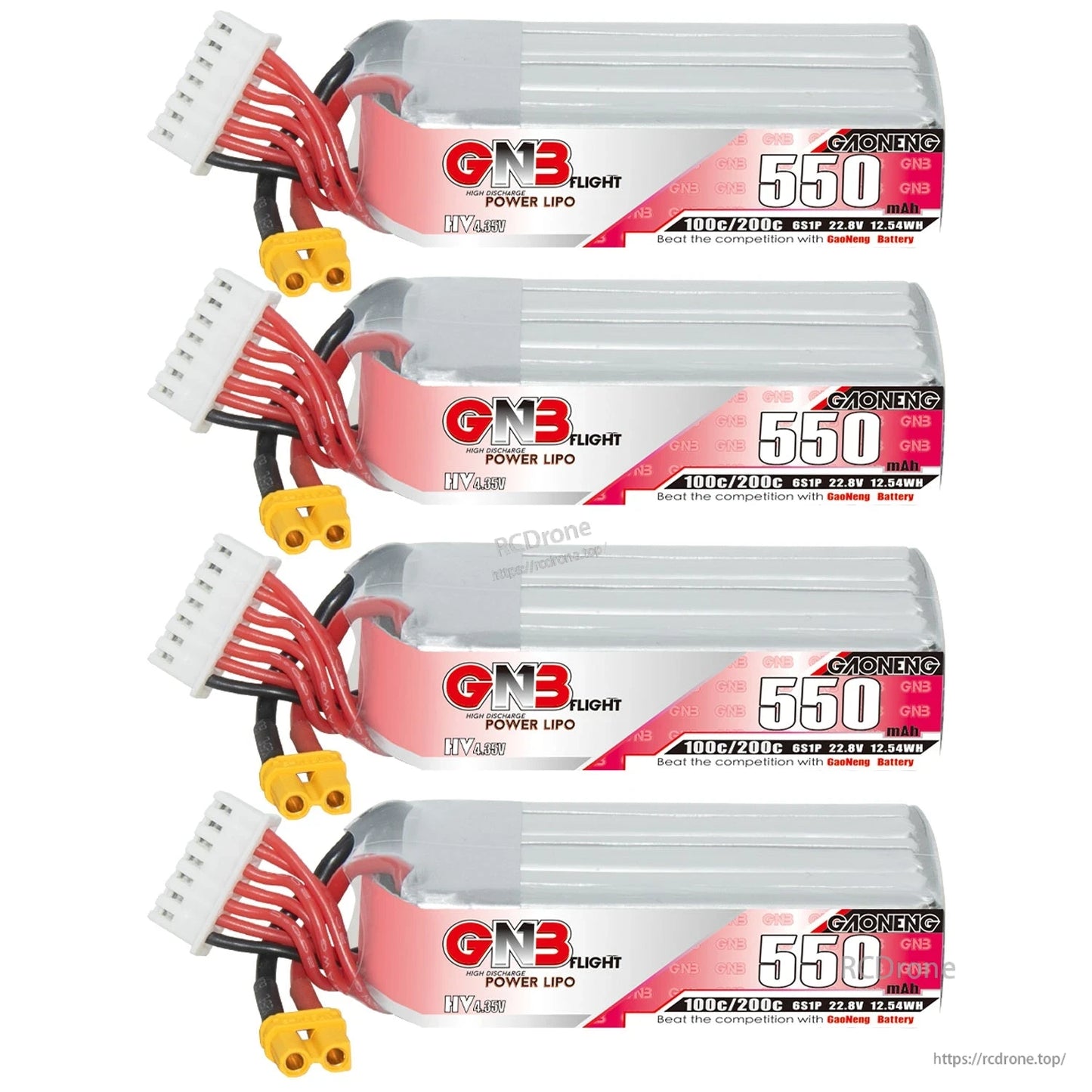 Four 550mAh LiHV batteries shown in horizontal stack, label side facing forward