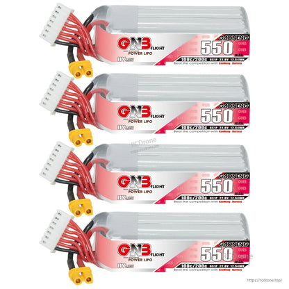 Four 550mAh LiHV batteries shown in horizontal stack, label side facing forward