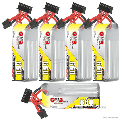 Battery bundle layout: four upright GNB 660mAh packs plus one horizontal pack showing side label