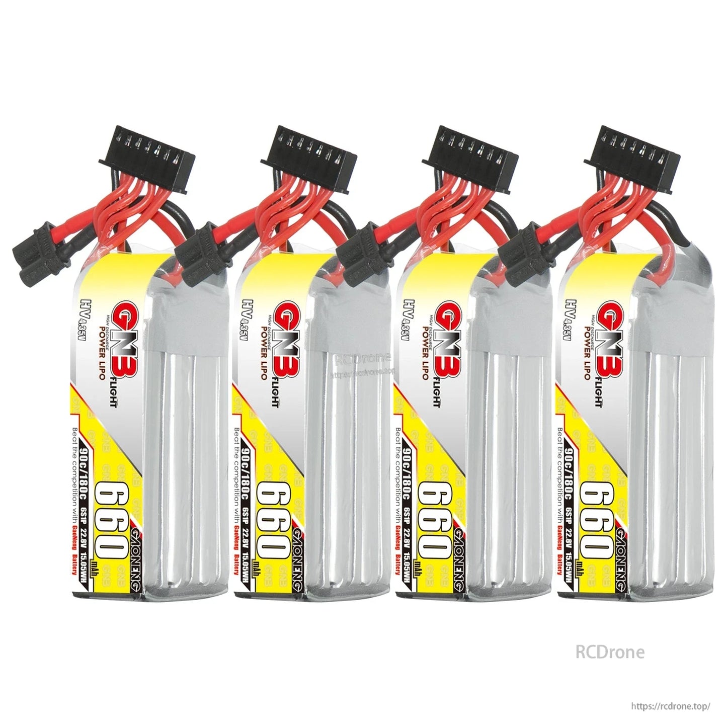 Four GNB 660mAh LiHV 6S batteries shown together with XT30 leads (4-pack display)