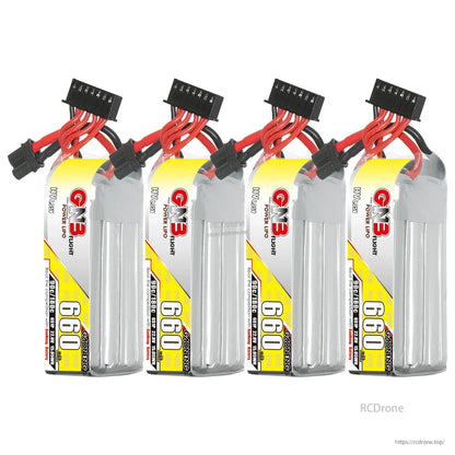 Four GNB 660mAh LiHV 6S batteries shown together with XT30 leads (4-pack display)