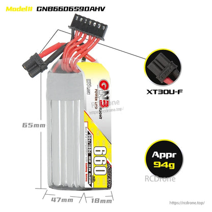 GNB6606S90AHV battery dimensions 65×47×18mm, XT30U-F connector, approx 94g weight graphic