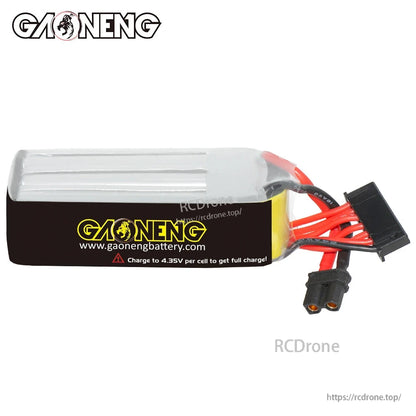 Rear label view showing gaonengbattery.com and “Charge to 4.35V per cell” warning text