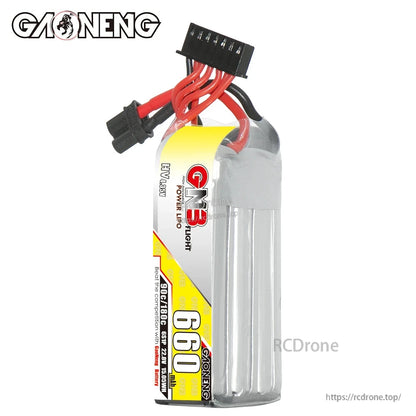 Vertical standing view of GNB 660mAh LiHV battery showing shrink wrap and top wire exit