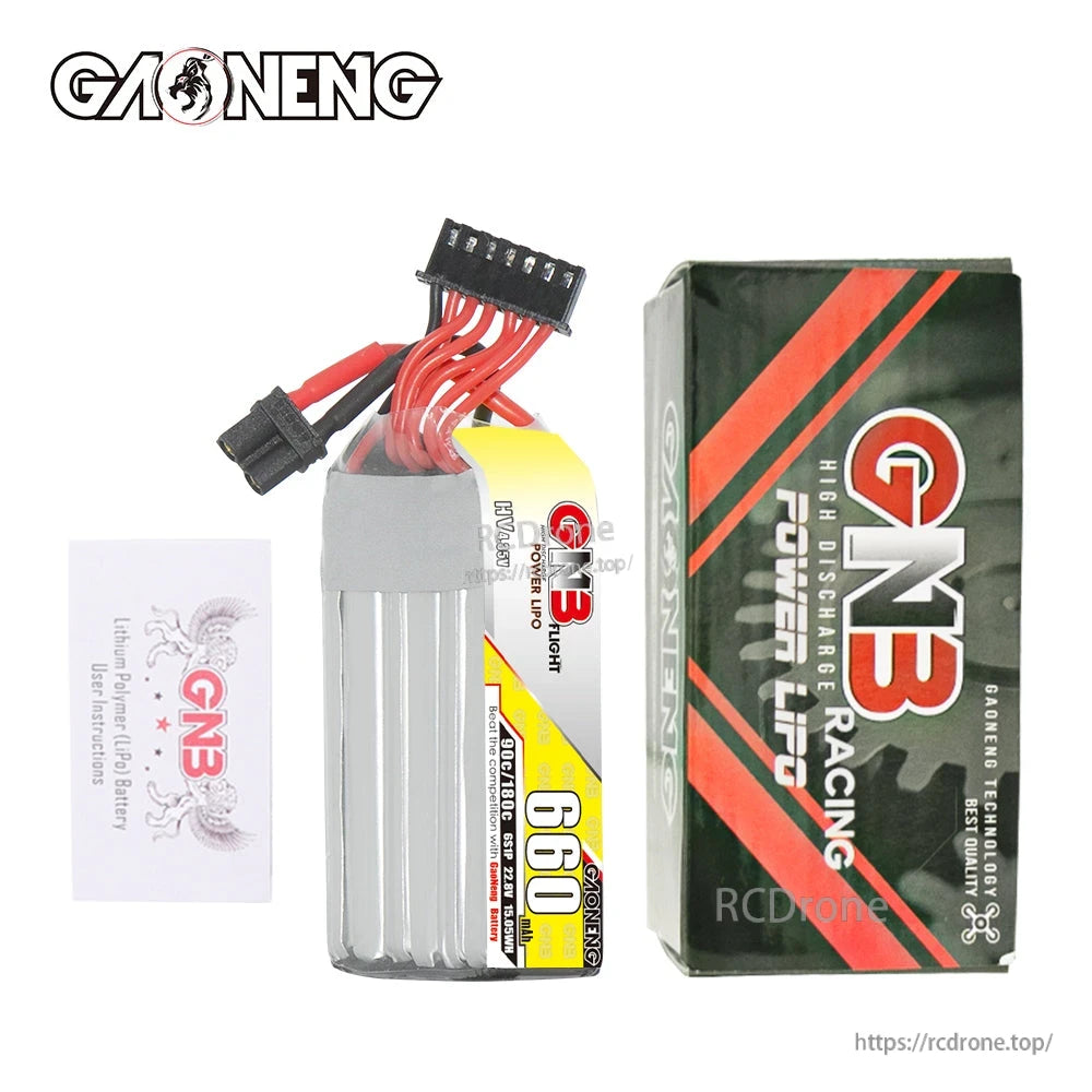 Package contents: GNB 660mAh LiHV battery, GN3 Racing box, and small leaflet card
