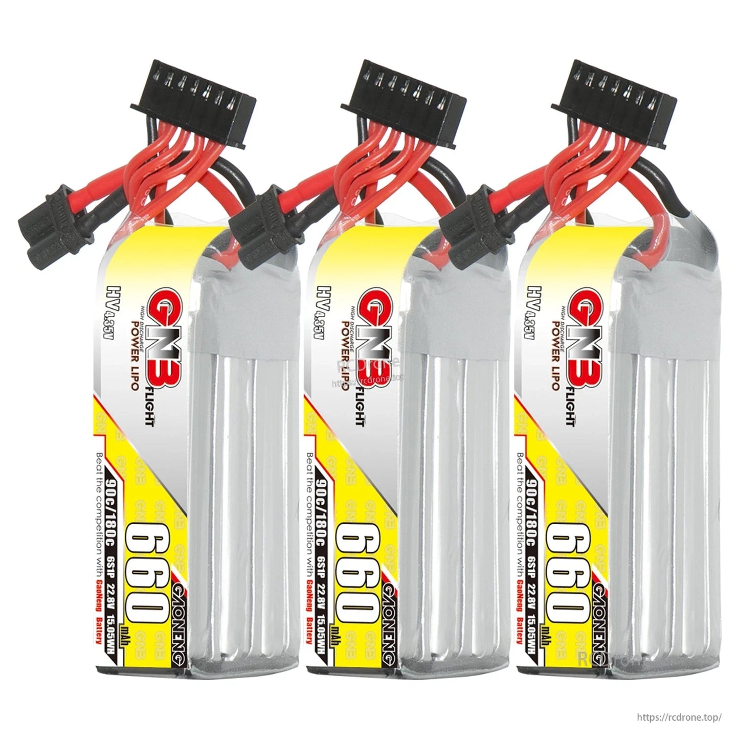 Three GNB 660mAh LiHV 6S batteries shown together with XT30 leads (3-pack display)