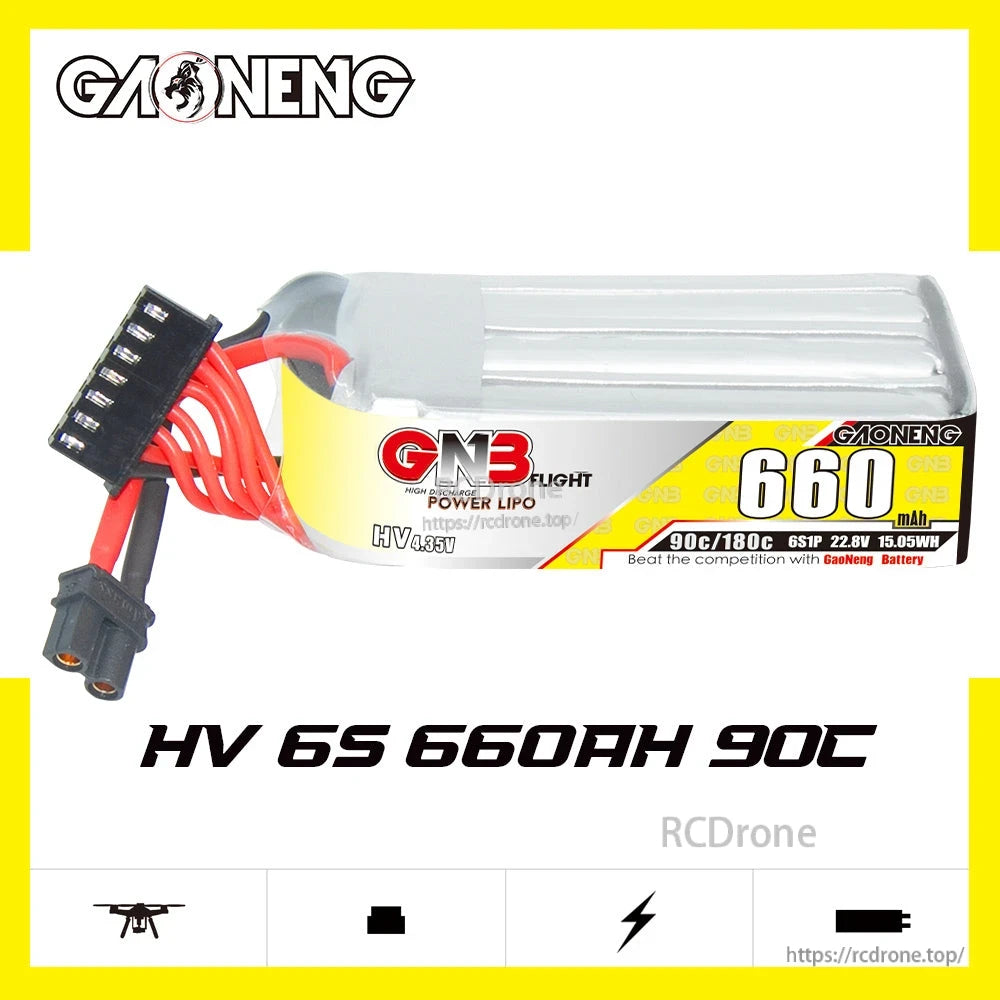GNB HV 6S 660mAh 90C battery side profile with XT30 lead and balance connector