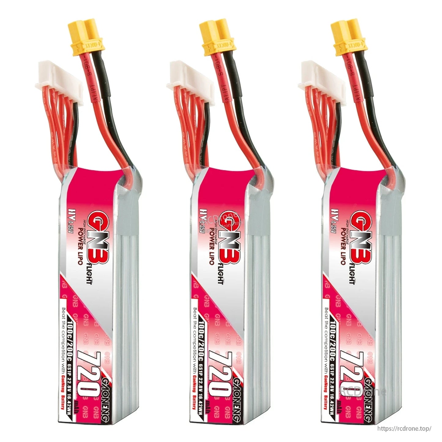 Three long-type GNB 720mAh 6S LiHV LiPo batteries upright with XT30 and balance connectors