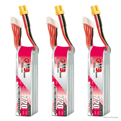 Three long-type GNB 720mAh 6S LiHV LiPo batteries upright with XT30 and balance connectors