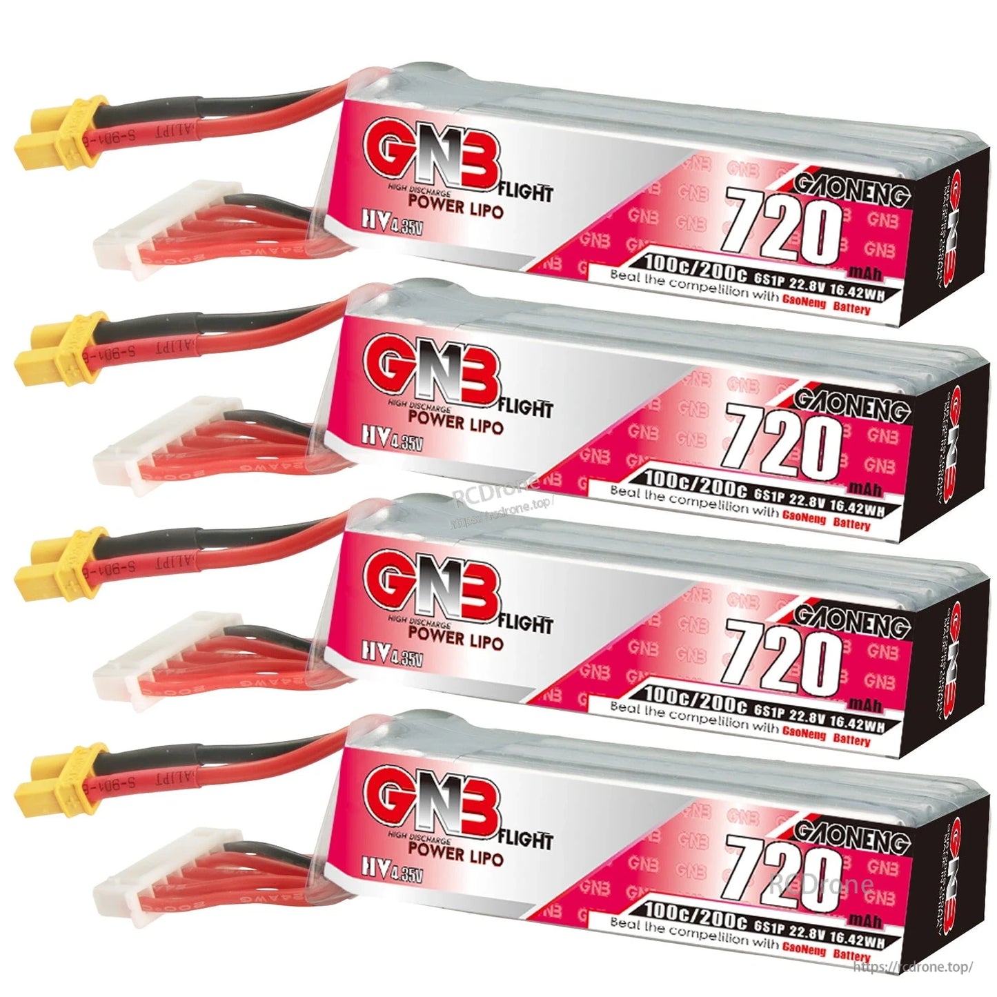 Four GNB 720mAh 6S LiHV long-type LiPo batteries with XT30 leads, stacked group view