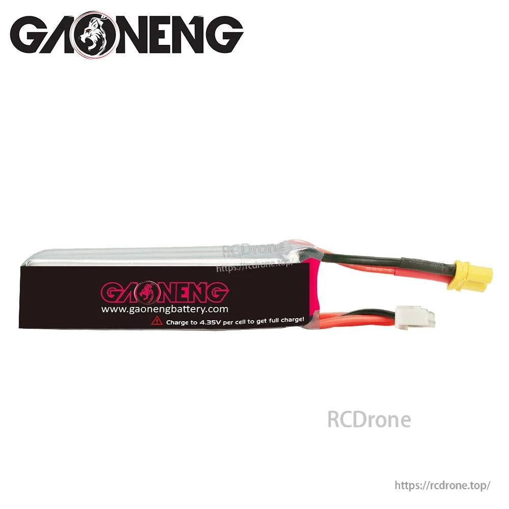 Rear side of GAONENG battery showing website and “Charge to 4.35V per cell” warning text