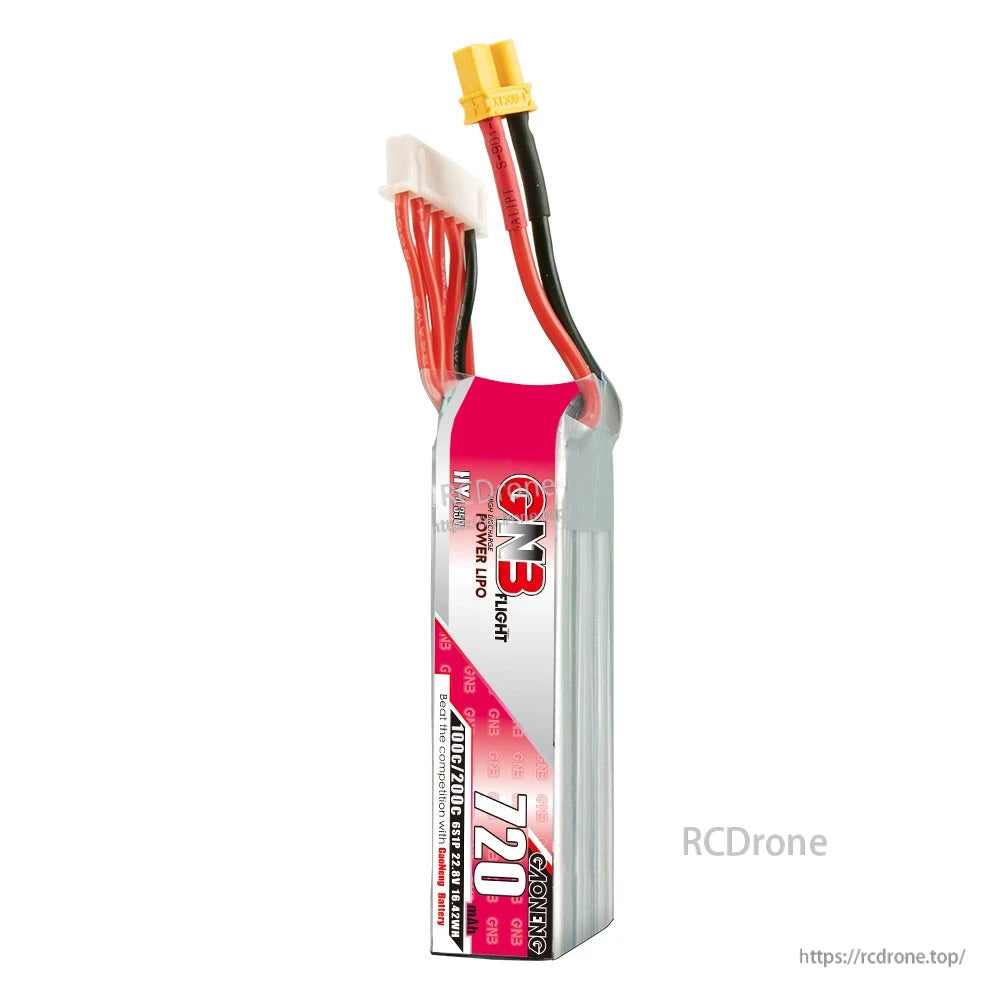 Long-type GNB 720mAh 6S LiHV LiPo battery standing upright showing label and balance lead