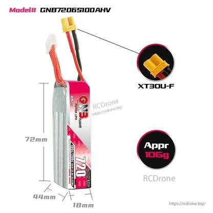GNB7206S100AHV battery dimensions diagram with XT30U-F connector close-up and approx 106g