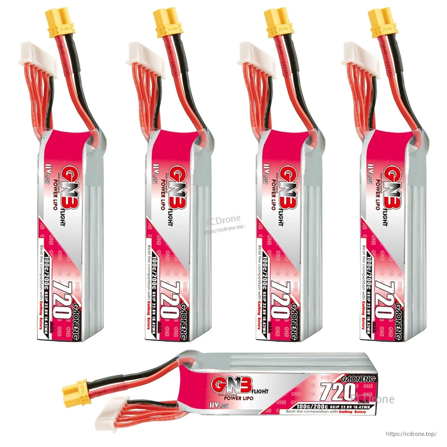 Five GNB 720mAh 6S LiHV batteries shown—four upright and one horizontal, mixed views