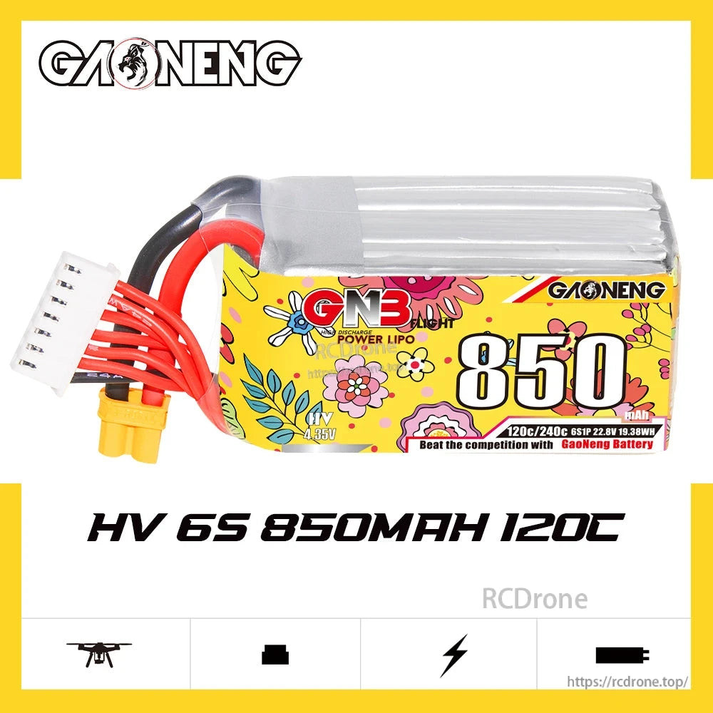 GAONENG GNB HV 6S 850mAh 120C battery side label shown with wires and connectors