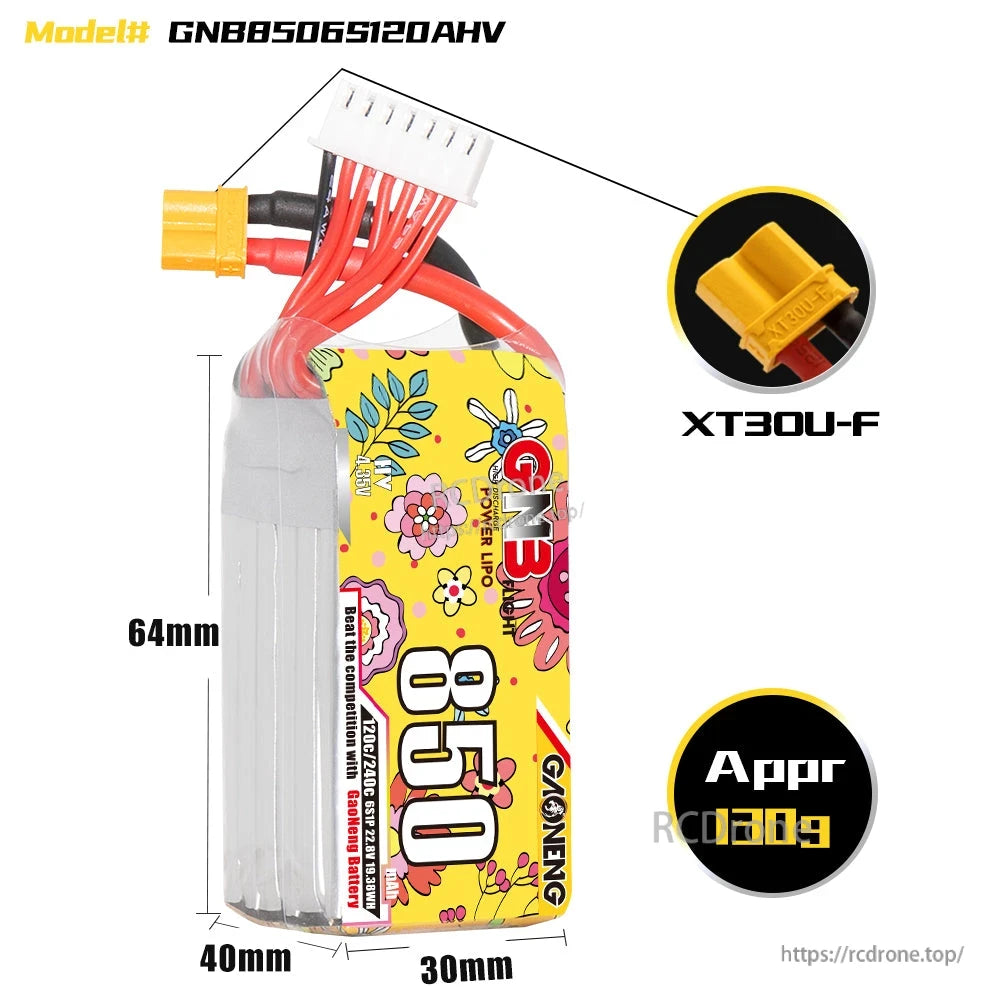 GNB 850 battery dimensions 64×40×30mm with XT30U-F connector close-up, approx 130g