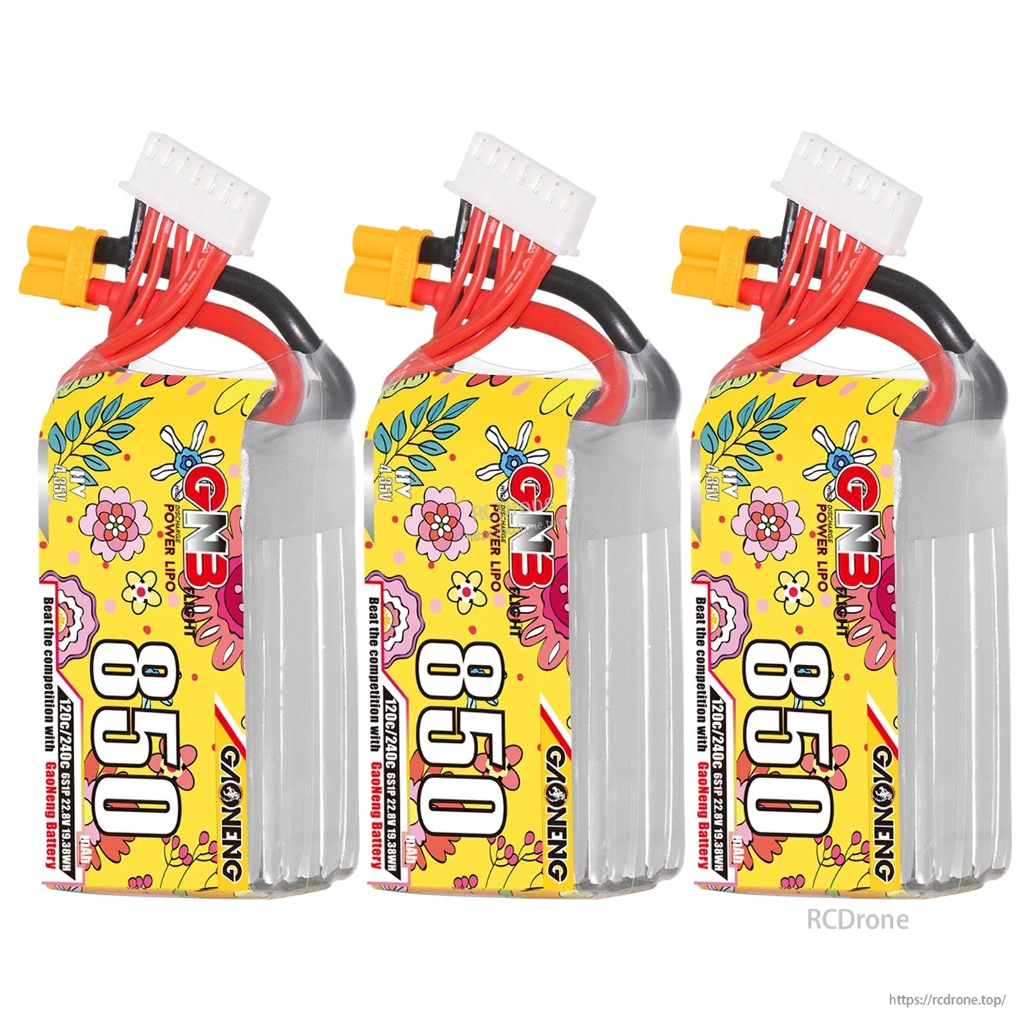 Three-pack lineup of GNB 850 batteries with XT30 connectors and balance leads
