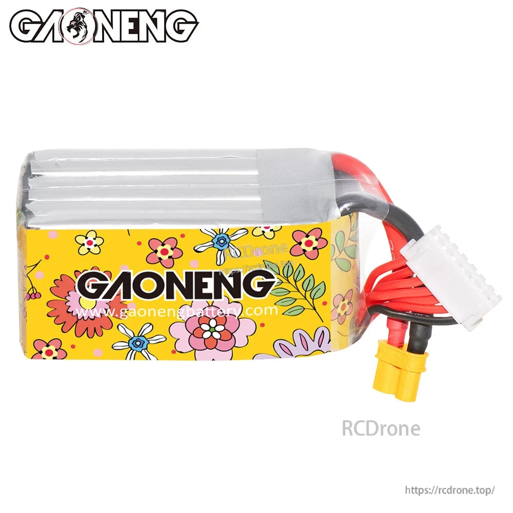 Horizontal side view of GAONENG GNB battery showing floral wrap and wire bundle