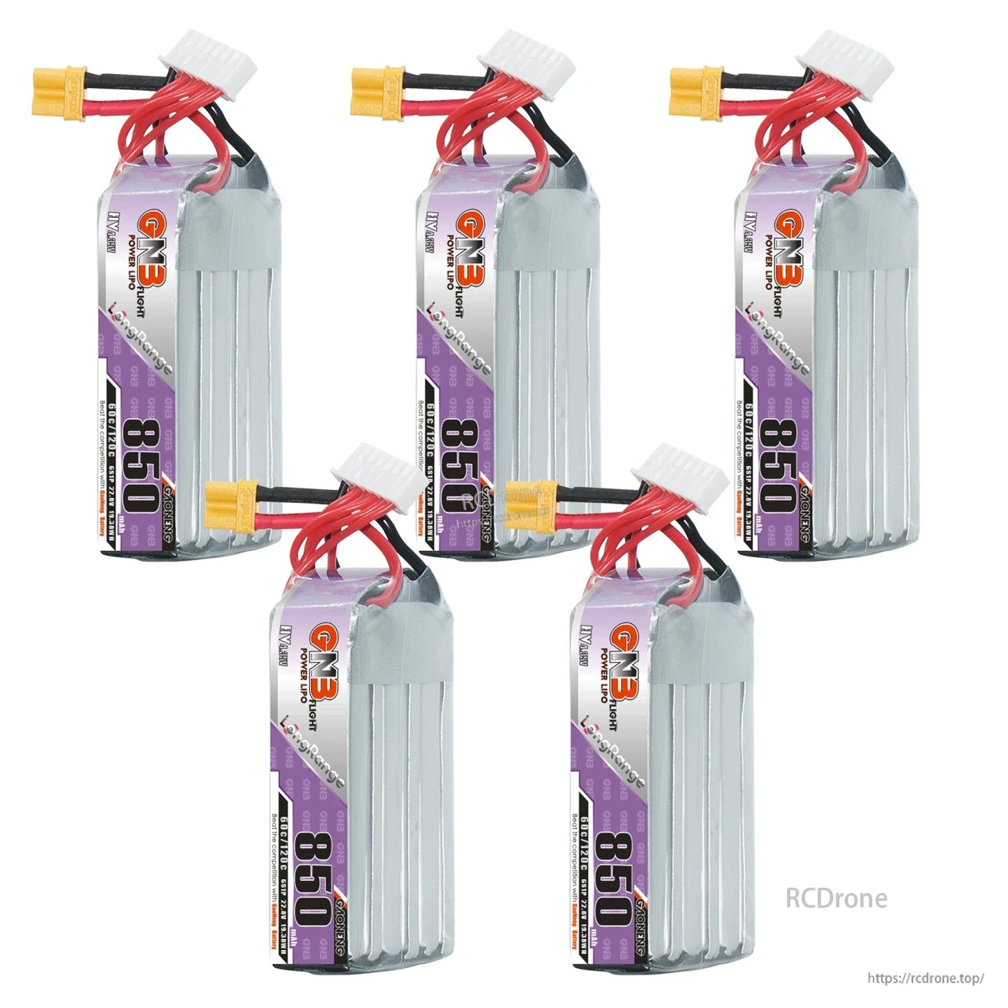 Five GNB 850mAh long LiHV battery packs grouped on white background with XT30 connectors